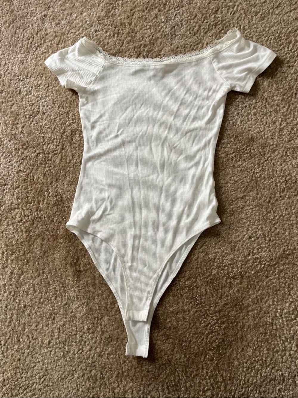 White Ribbed Lace-Trim One-Piece Bodysuit